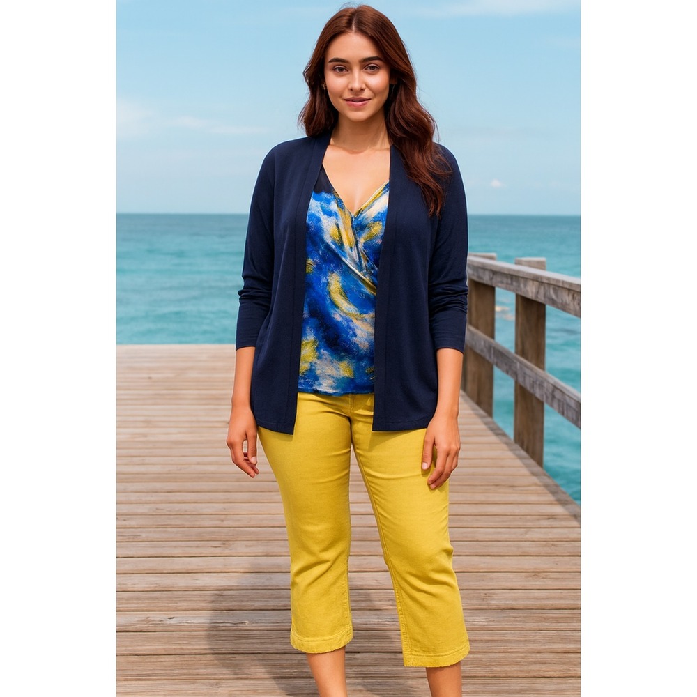 NWOT Eileen Fisher Tencel Blend NAVY Cardigan Open Front Waterfall Academia SP